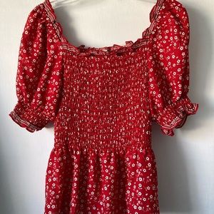 Max Studio Smocked Red Floral Blouse Size: S